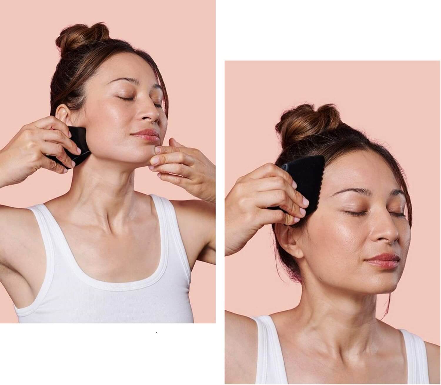 A model using the Bian Stone Gua Sha on her forehead and jaw