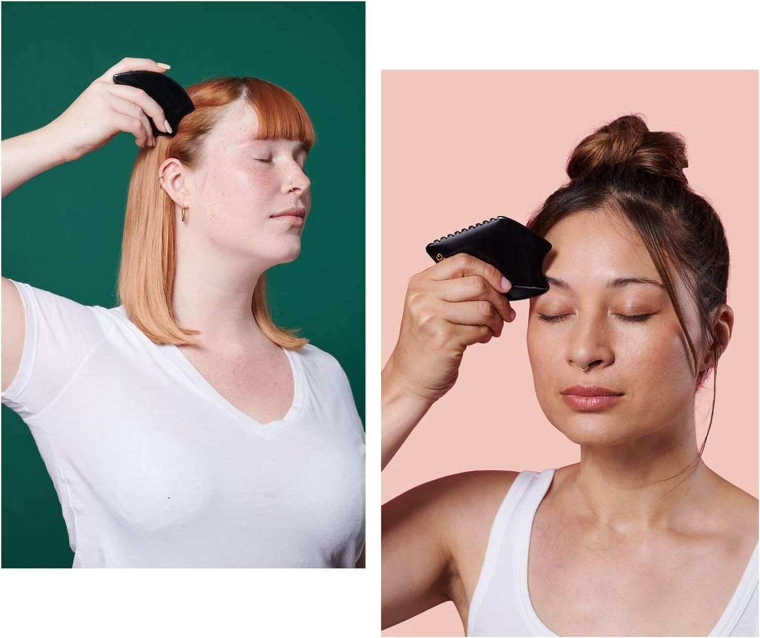 Two models using the Bian Stone Gua Sha on their heads