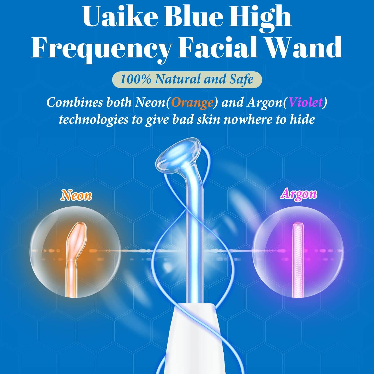 The High Frequency Wand, depicting its blue as well as its neon - orange and argon - violet light technologies