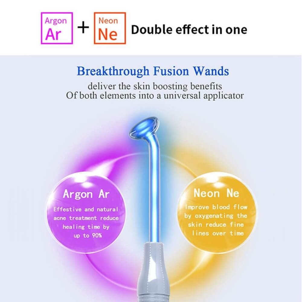 The High Frequency Wand, depicting its blue as well as its neon - orange and argon - violet light technologies