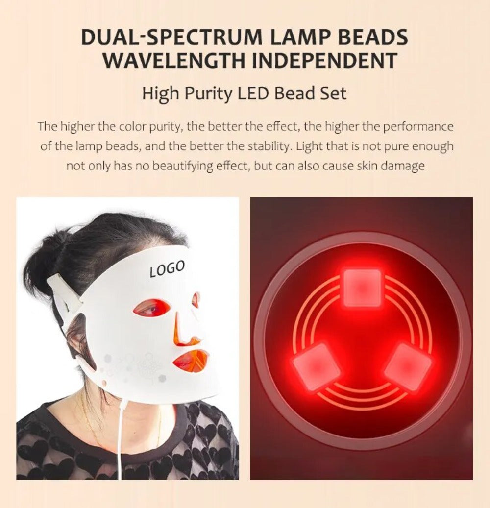 A model wearing the LED Light Therapy Mask. One of the high purity lamp beads - duel spectrum wavelength independent.