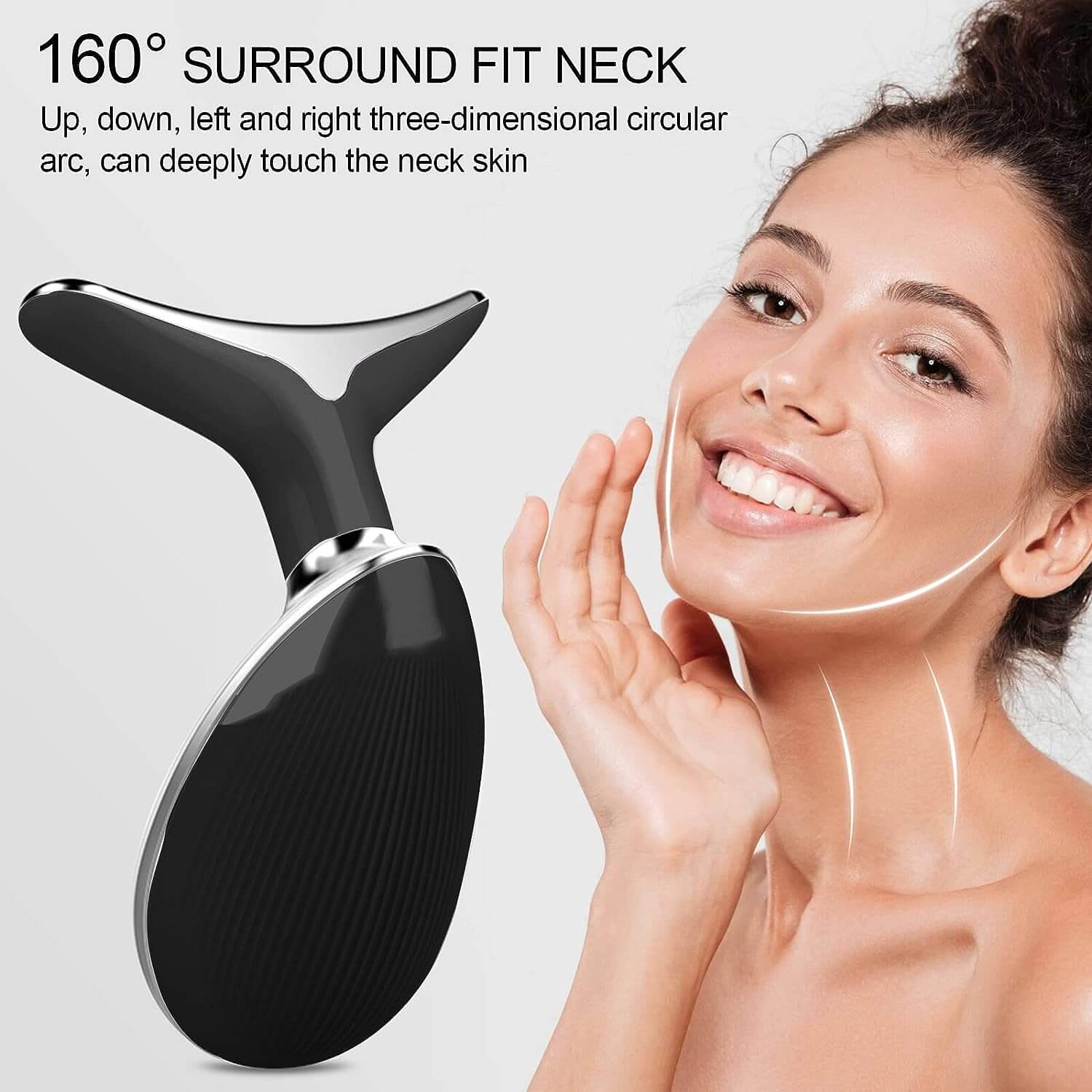 The Black Neck Face Tightening Massager and a model depicting the tools 160 degree facial touch