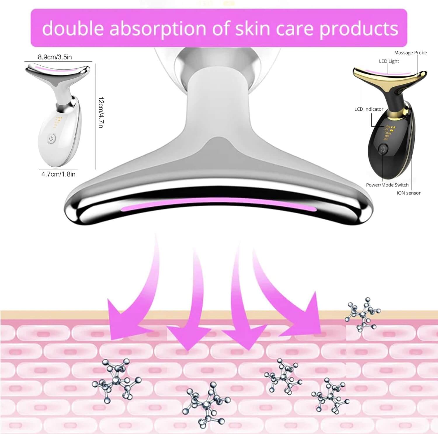 Neck Face Tightening Massager dimensions. 8.9cm/3.5in wide at the head, 4.7cm/1.8in wide at the bottom, 12cm/4.7in long. Graphic depicting the devices double absorption.
