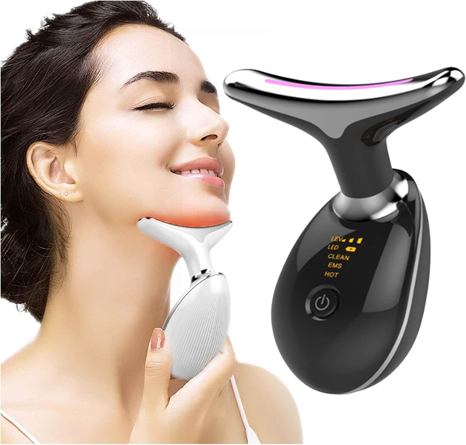A model using the white Neck Face Tightening Massager. A large black Neck Face Tightening Massager next to the model.
