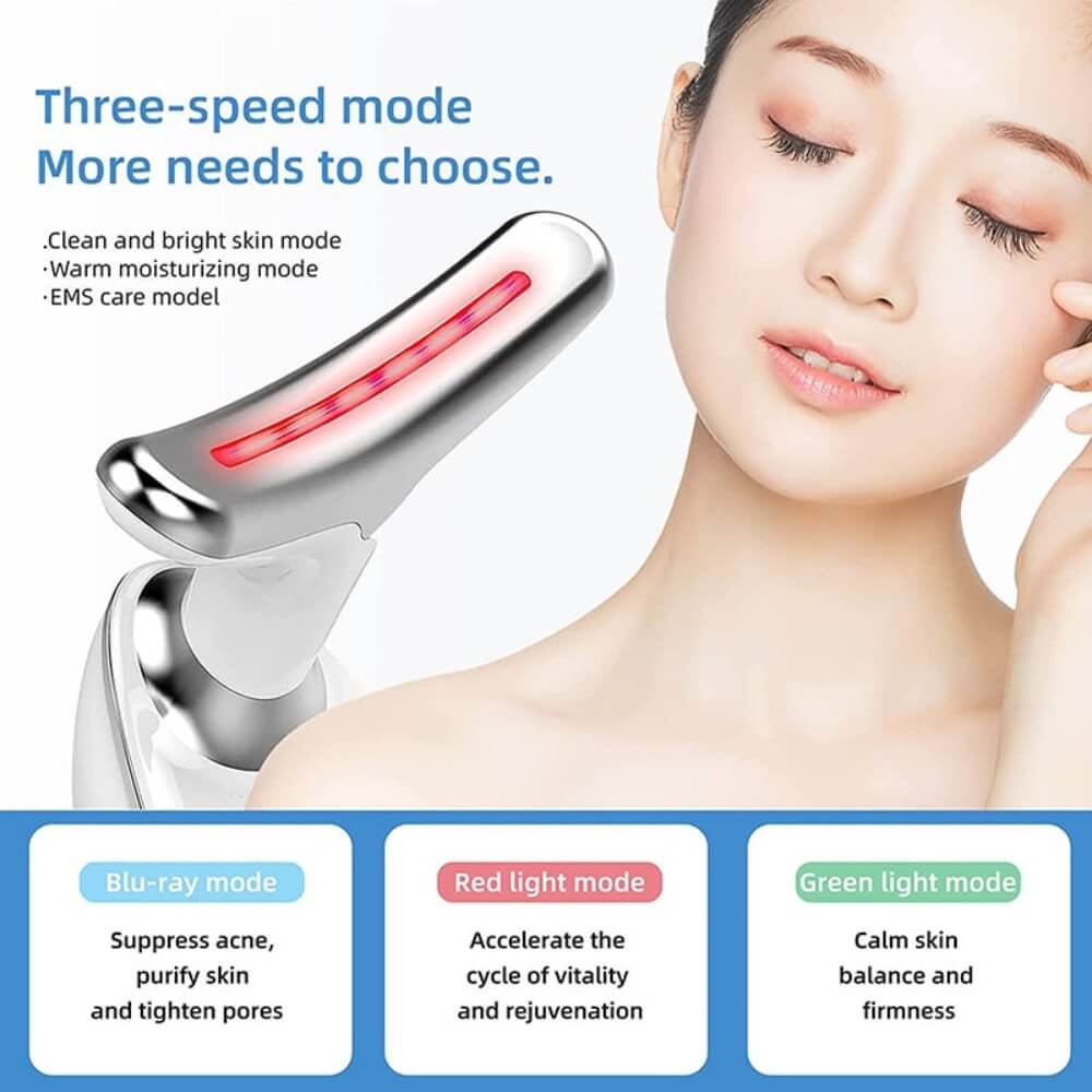 The white Neck Face Tightening Massager and a model which depicts the tools 3 speed modes. Blu-ray mode, Red light mode and Green light mode.