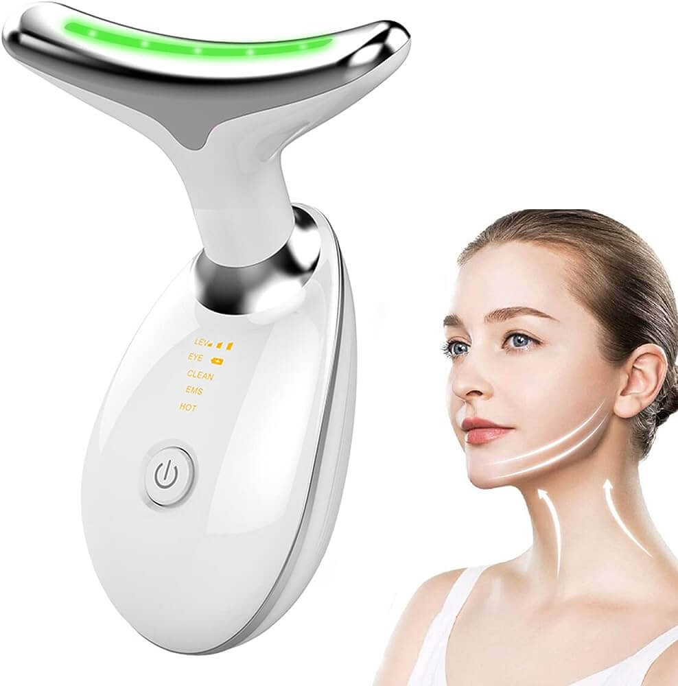 A large white Neck Face Tightening Massager. A model with arrows on her face showing the direction to use the deivce - from the bottom of the neck up.