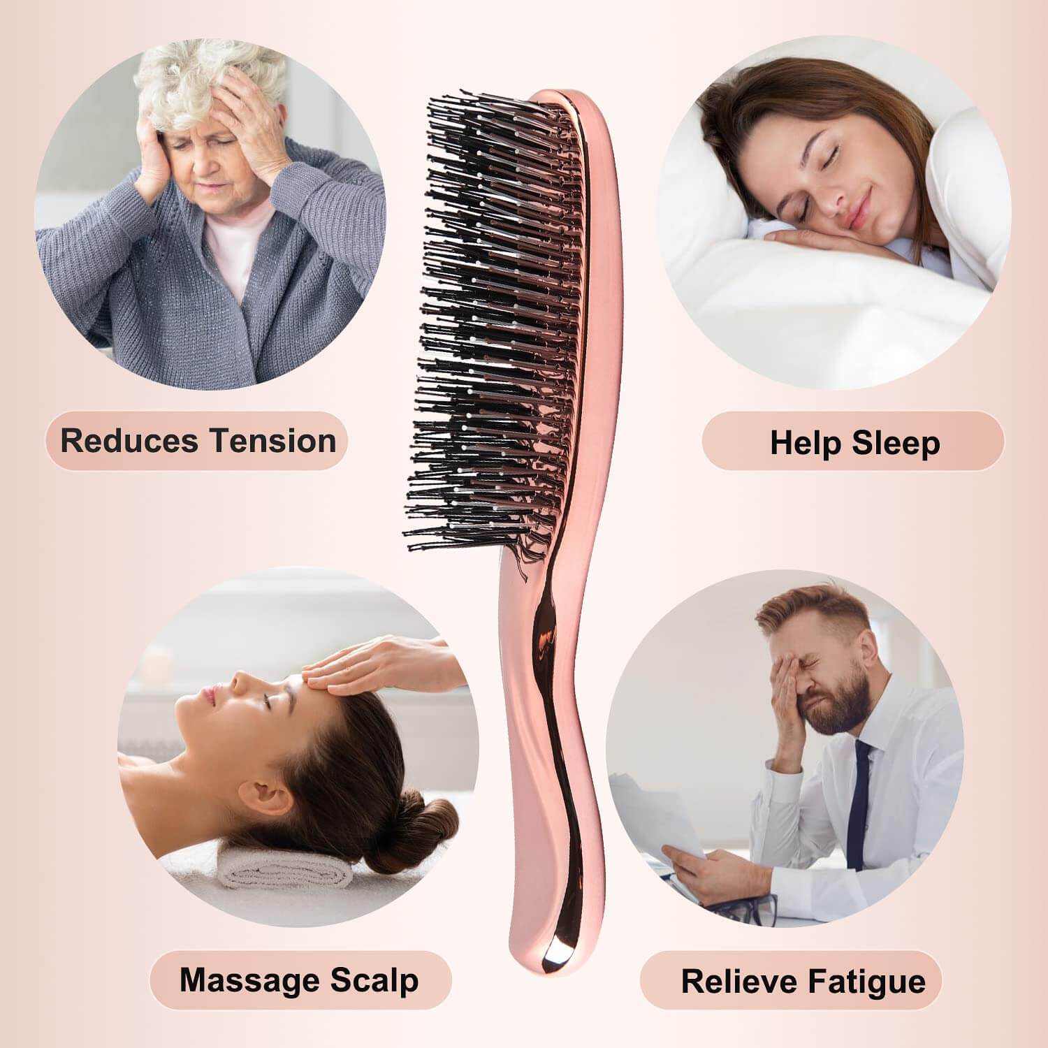 The benefits of using the Scalp Massage Brush - Reduces tension, helps sleep, massages the scalp and relieves fatigue.