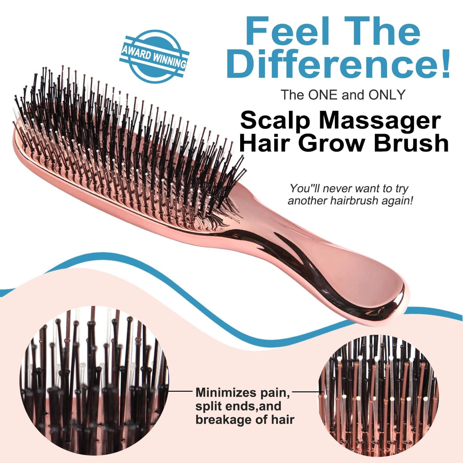 The Scalp Massage Brush and two graphics stating that the bristles minimize pain, split ends and breakage of hair.