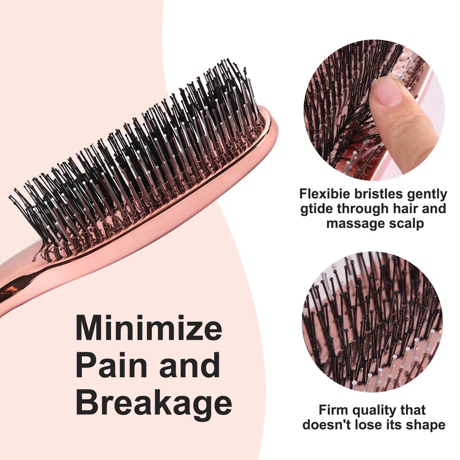 The Scalp Massage Brush and two graphics depicting its flexible bristles and firm quality.
