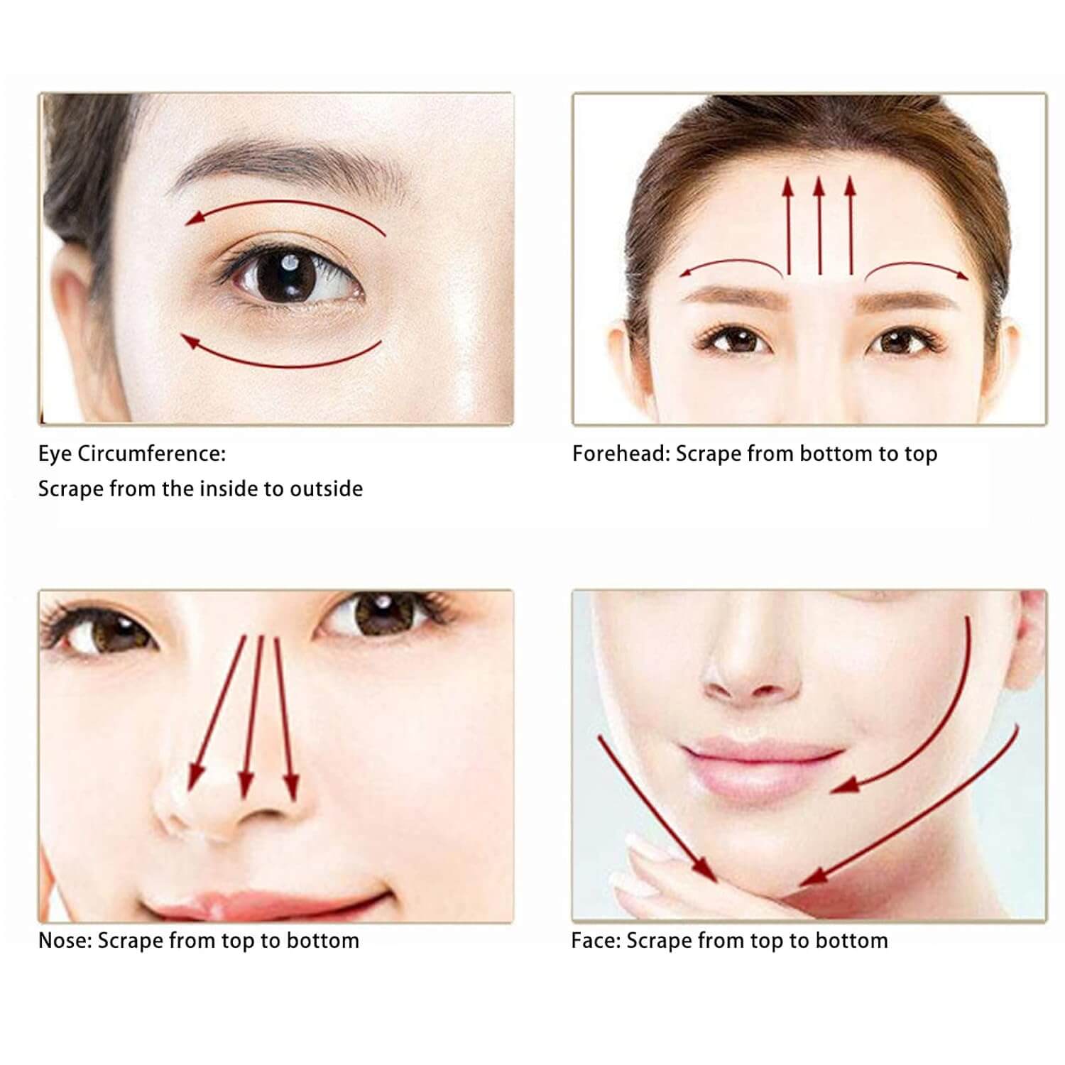 The benifits of the Terahertz Gua Sha tool on a models eye circumference, forehead, nose and face